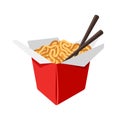 Wok noodles red box. Asian noodles take away package with chopsticks. Royalty Free Stock Photo