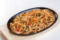 Wok noodles udon with vegetables carrots pepper leek