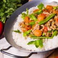 Wok pan with meat strips and vegetables Royalty Free Stock Photo