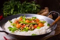 Wok pan with meat strips and vegetables Royalty Free Stock Photo