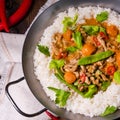 Wok pan with meat strips and vegetables Royalty Free Stock Photo