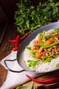 Wok pan with meat strips and vegetables Royalty Free Stock Photo