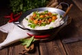 Wok pan with meat strips and vegetables Royalty Free Stock Photo