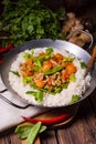 Wok pan with meat strips and vegetables