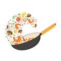Wok pan, tomato, paprika, pepper, mushroom, shrimp. Asian food. Flying vegetables with seafood. Flat vector illustration