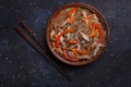 Wok pork in pad thai sauce with funcho noodles Royalty Free Stock Photo