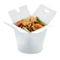 Wok rice with shrimps in take-out paper box over white. Royalty Free Stock Photo