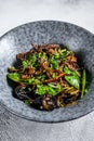 Wok. Soba stir fry noodles with beef and vegetables. Gray background. Top view Royalty Free Stock Photo