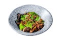 Wok. Soba stir fry noodles with beef and vegetables Isolated on white background. Top view. Royalty Free Stock Photo