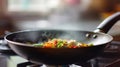 A wok with stir fry vegetables cooking on a stove top, AI