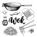 Wok vector drawing with lettering. Isolated chinese box and chopsticks