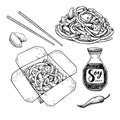 Wok vector drawing set. Isolated chinese box and chopsticks