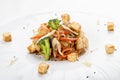 Wok vegetables with rice noodles and tofu cheese. Vegetarian dish. On white background Royalty Free Stock Photo