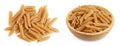 Wolegrain penne pasta from durum wheat isolated on white background with full depth of field. Top view. Flat lay, Royalty Free Stock Photo