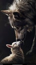 Wolf Licking Sheeps Face in a Unique Greeting. Generative AI.