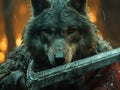 Black wolf animal medieval hero knight holding sword Generative AI