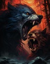 wolf attacking a wolf, two werewolfs in a forest