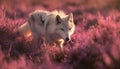 Wolf in autumn heath. AI generated.