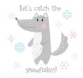 Wolf baby winter print. Cute animal in snowy forest christmas card.