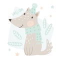 Wolf baby winter print. Cute animal in warm scarf and hat christmas card.