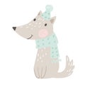 Wolf baby winter print. Cute animal in warm scarf and hat christmas card.