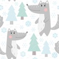 Wolf baby winter seamless pattern. Cute animal in snowy forest christmas print.