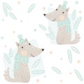 Wolf baby winter seamless pattern. Cute animal in warm scarf Christmas background