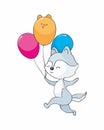 Wolf with balloons. Cute woodland animal in doodle style