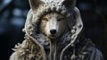 Knit Wolf: A Fantastical Statue Wearing Sweaters In Surrealistic Style