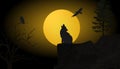 Wolf and birds in the moonlight, background,illustration