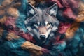 A wolf is in a blanket with a blue, red, and yellow background Royalty Free Stock Photo