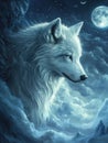 A wolf with a blue eyes with moon and clouds Royalty Free Stock Photo