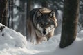 wolf bounding through snow-covered forest, its breath visible in the cold air