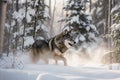 wolf bounding through snow-covered forest, its breath visible in the cold air