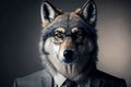 Wolf business portrait dressed as a manager or ceo in a formal office business suit with glasses and tie. Ai generated