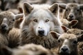 The wolf Canis lupus surrounded by a flock of sheep