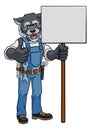 Wolf Cartoon Mascot Handyman Holding Sign