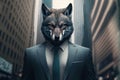 Wolf in a city dressed in suit made with Generative AI.