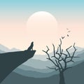 Wolf on a cliff howls at full moon mountain nature landscape