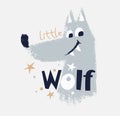 Wolf cute and funny dude t-shirt print. Forest friends kids design, wild animal nursery poste