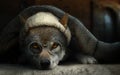 Wolf disguised as grandma hiding in bed with blanket wearing cap and eye glasses Royalty Free Stock Photo