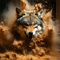 Photo of snarling wolf appearing out of a sand storm Royalty Free Stock Photo