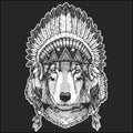 Wolf Dog Cool animal wearing native american indian headdress with feathers Boho chic style Hand drawn image for tattoo Royalty Free Stock Photo