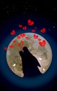 Wolf or Dog is howling to the dark moon. Vector illustration of wild love. Bones song and Small Red hearts on Valentines Day or Royalty Free Stock Photo