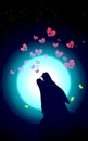 Wolf or Dog is howling to the neon moon. Vector illustration of wild love. Bones song and Small pink hearts on Valentines Day or Royalty Free Stock Photo