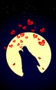 Wolf or Dog is howling to the yellow moon. Vector illustration of wild love. Bones song and Small Red hearts on Valentines Day or