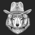 Wolf, Dog. Wild west. Traditional american cowboy hat. Texas rodeo. Print for children, kids t-shirt. Image for emblem Royalty Free Stock Photo