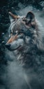 A wolf emerging from smoke fade against a black background, perfect for dreamscape portraiture with a gigantic scale. Ideal as