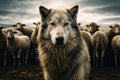 wolf and flock of grazing sheep around Royalty Free Stock Photo