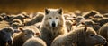 Wolf in a flock of sheep with wool clothing. Wolf pretending to be a sheep concept Royalty Free Stock Photo